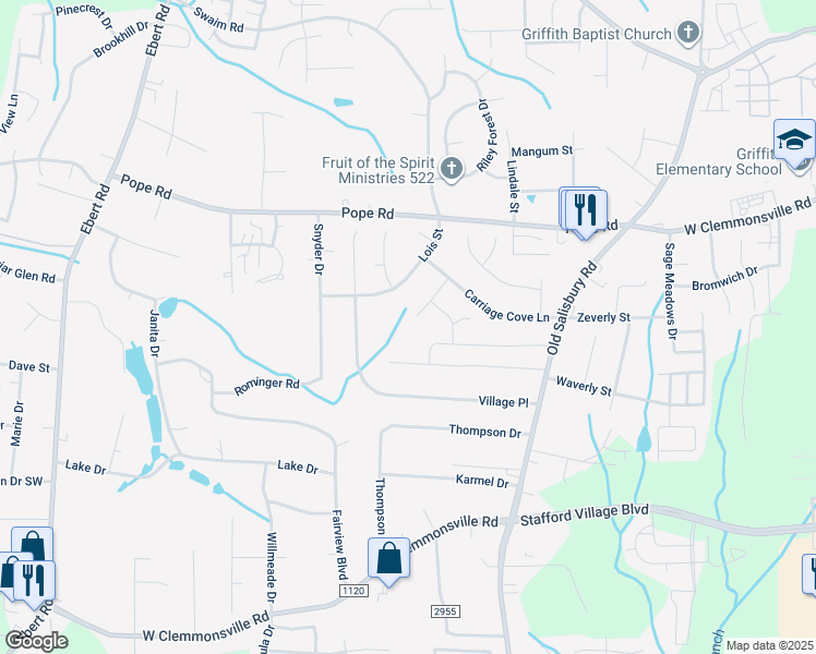 map of restaurants, bars, coffee shops, grocery stores, and more near 4017 Caspian Way Court in Winston-Salem