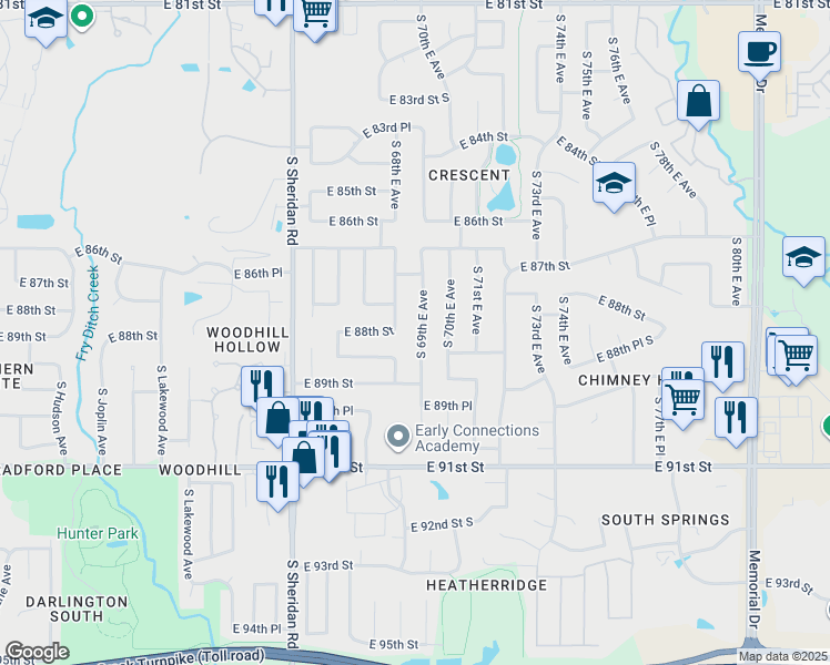 map of restaurants, bars, coffee shops, grocery stores, and more near 8814 South 69th East Avenue in Tulsa