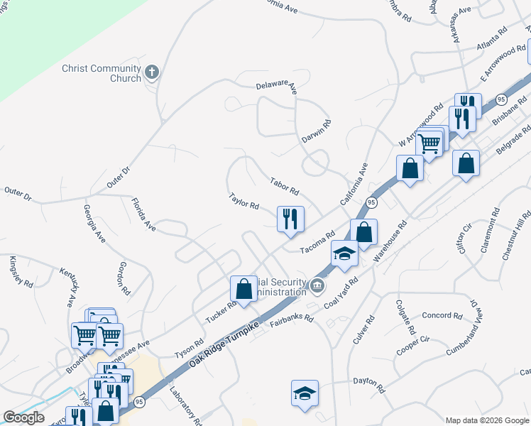 map of restaurants, bars, coffee shops, grocery stores, and more near 101 Taylor Road in Oak Ridge