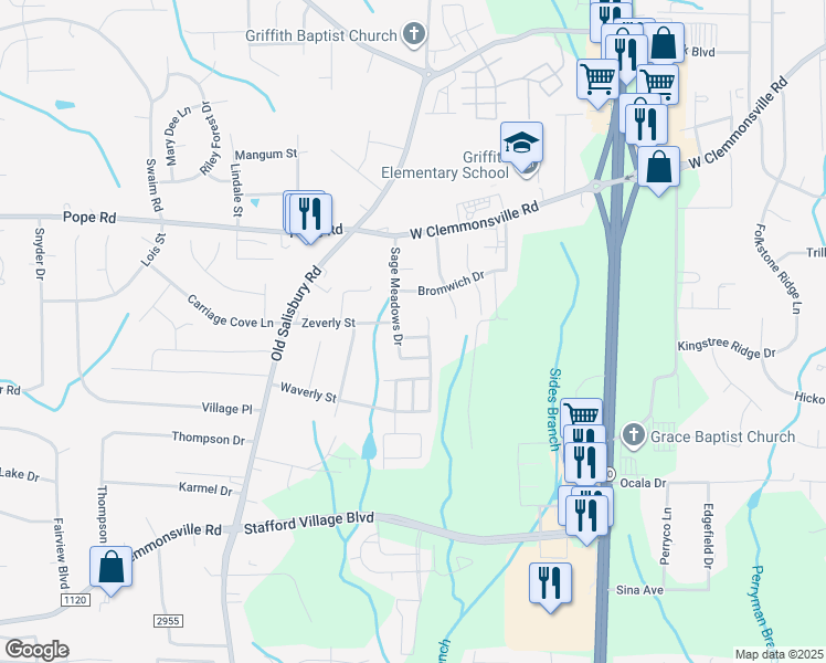 map of restaurants, bars, coffee shops, grocery stores, and more near 1151 Red Sage Road in Winston-Salem