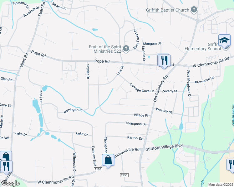 map of restaurants, bars, coffee shops, grocery stores, and more near 4017 Caspian Way Court in Winston-Salem