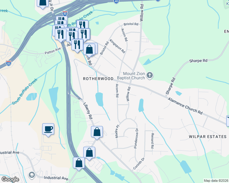 map of restaurants, bars, coffee shops, grocery stores, and more near 2210 Acorn Road in Greensboro
