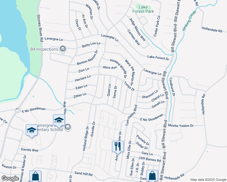 map of restaurants, bars, coffee shops, grocery stores, and more near 323 Sarna Drive in La Vergne