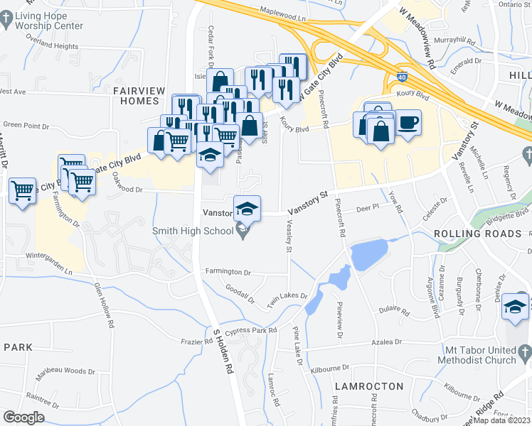 map of restaurants, bars, coffee shops, grocery stores, and more near 2816 Vanstory Street in Greensboro