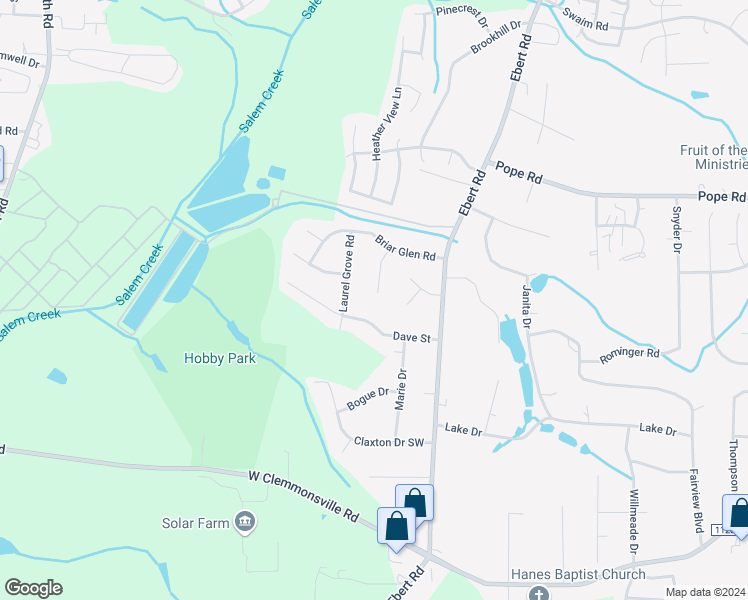 map of restaurants, bars, coffee shops, grocery stores, and more near 3970 Ebert Village Court in Winston-Salem