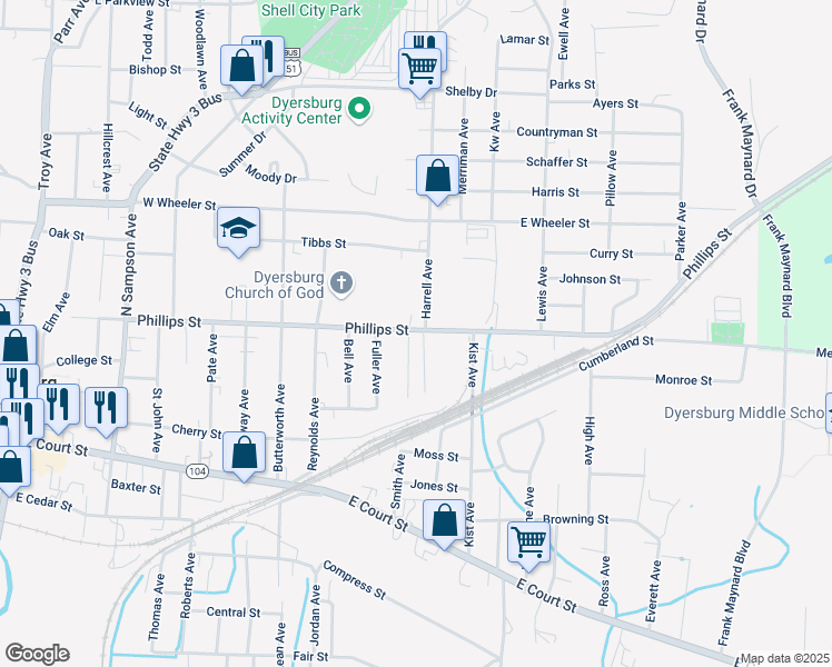 map of restaurants, bars, coffee shops, grocery stores, and more near 436 Victory Avenue in Dyersburg