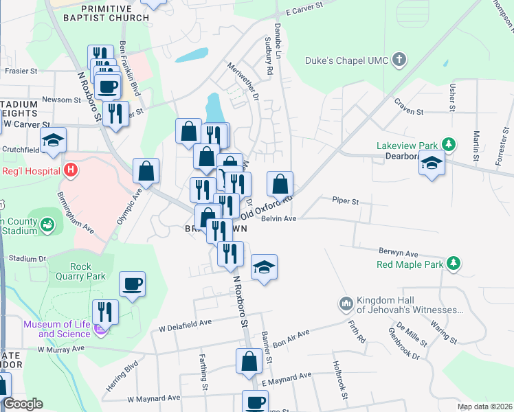map of restaurants, bars, coffee shops, grocery stores, and more near 301 Old Oxford Road in Durham