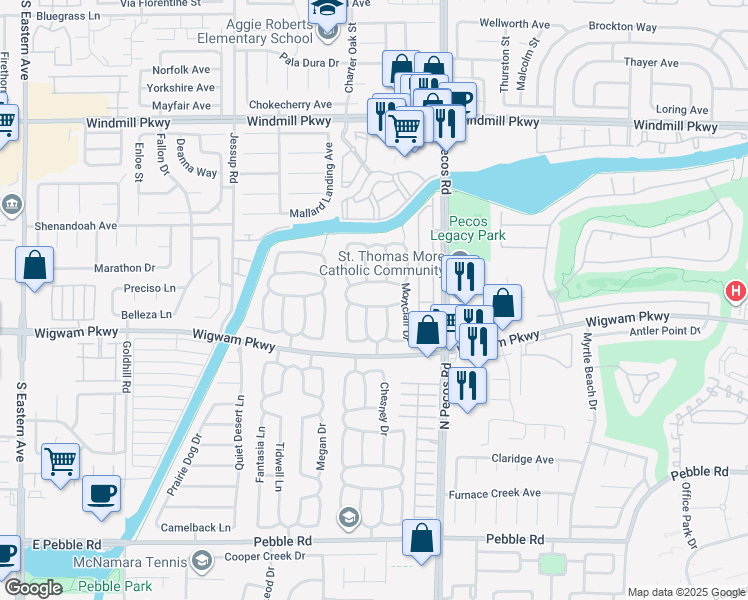 map of restaurants, bars, coffee shops, grocery stores, and more near 2610 Breckenridge South Circle in Henderson