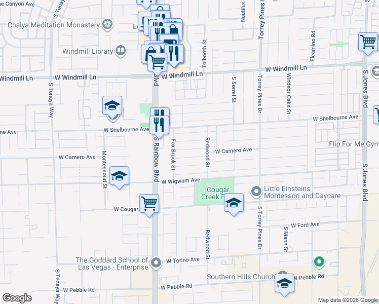 map of restaurants, bars, coffee shops, grocery stores, and more near 6771 Flamenco Court in Las Vegas