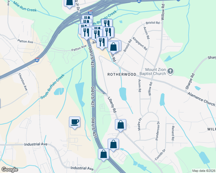 map of restaurants, bars, coffee shops, grocery stores, and more near 2605 Liberty Road in Greensboro