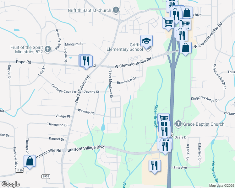 map of restaurants, bars, coffee shops, grocery stores, and more near 1151 Red Sage Road in Winston-Salem