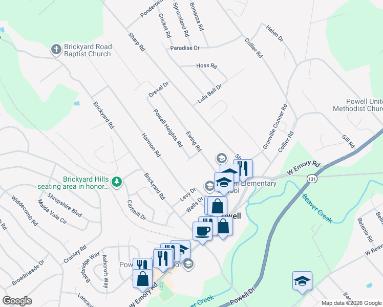 map of restaurants, bars, coffee shops, grocery stores, and more near 7905 Powell Heights Road in Powell