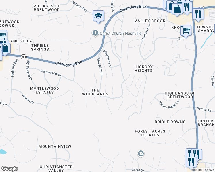 map of restaurants, bars, coffee shops, grocery stores, and more near 1029 Elmshade Lane in Nashville