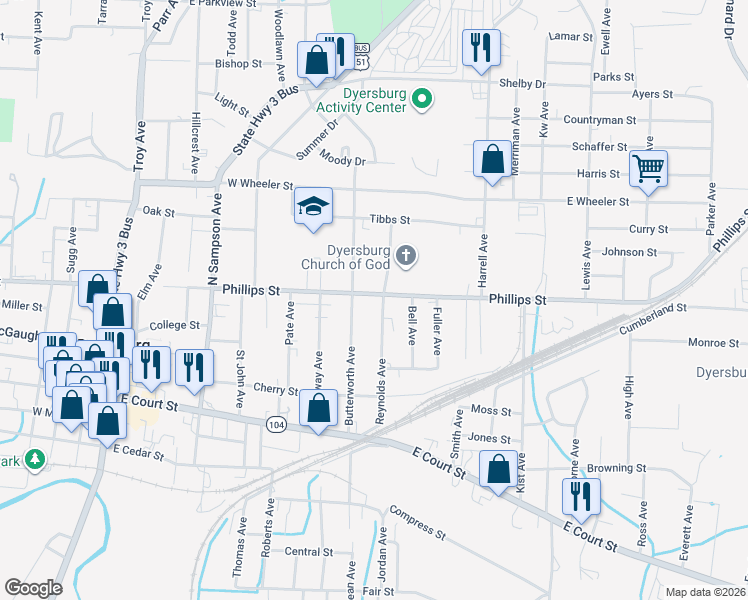 map of restaurants, bars, coffee shops, grocery stores, and more near 921 Phillips Street in Dyersburg