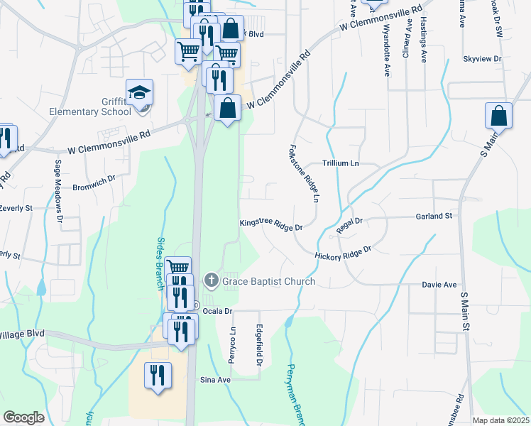 map of restaurants, bars, coffee shops, grocery stores, and more near 1021 Kingstree Ridge Drive in Winston-Salem