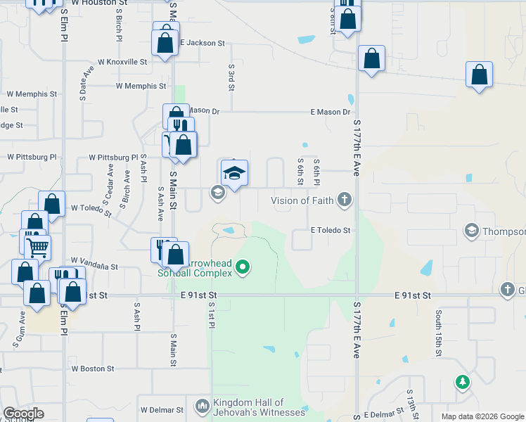map of restaurants, bars, coffee shops, grocery stores, and more near 1721 South 4th Street in Broken Arrow