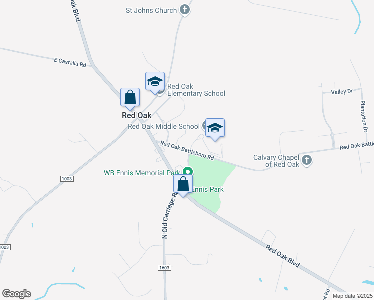 map of restaurants, bars, coffee shops, grocery stores, and more near 3170 Red Oak Battleboro Road in Red Oak