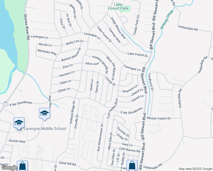 map of restaurants, bars, coffee shops, grocery stores, and more near 212 Mary Joe Martin Drive in La Vergne