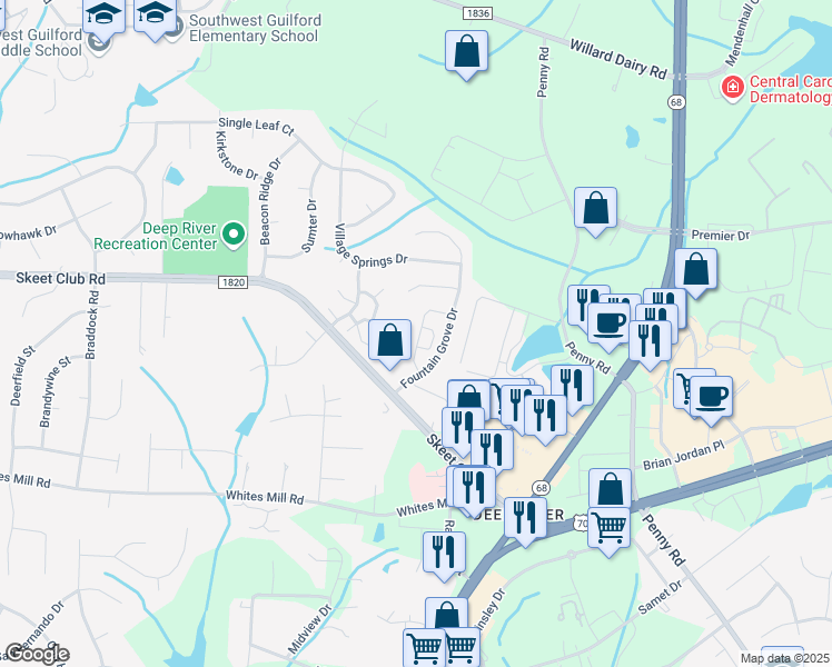 map of restaurants, bars, coffee shops, grocery stores, and more near 3931 Fountain Village Lane in High Point