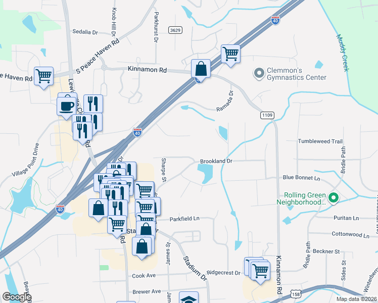 map of restaurants, bars, coffee shops, grocery stores, and more near 6115 Winview Heights Street in Clemmons