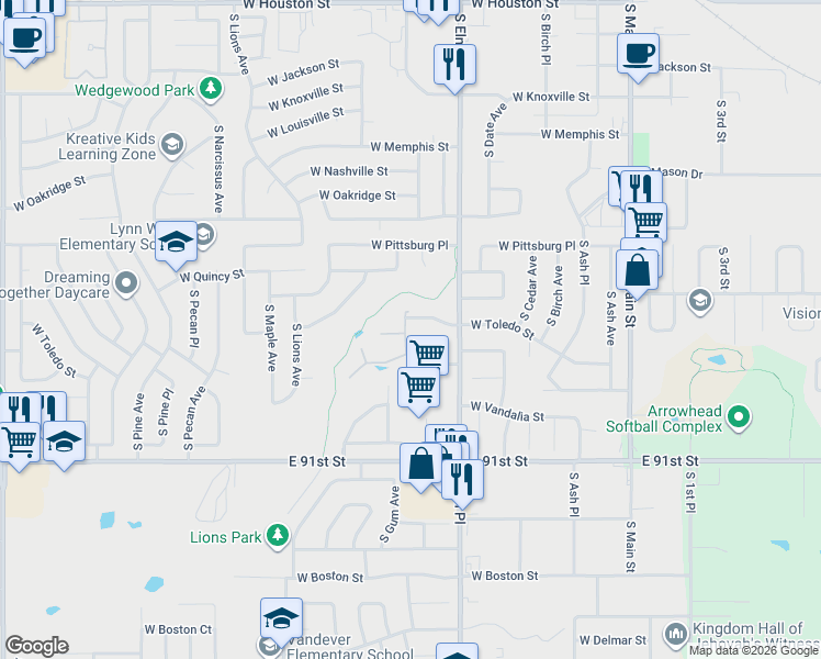 map of restaurants, bars, coffee shops, grocery stores, and more near 1549 South Fern Place in Broken Arrow