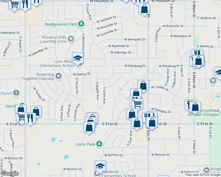 map of restaurants, bars, coffee shops, grocery stores, and more near 1801 South Lions Avenue in Broken Arrow