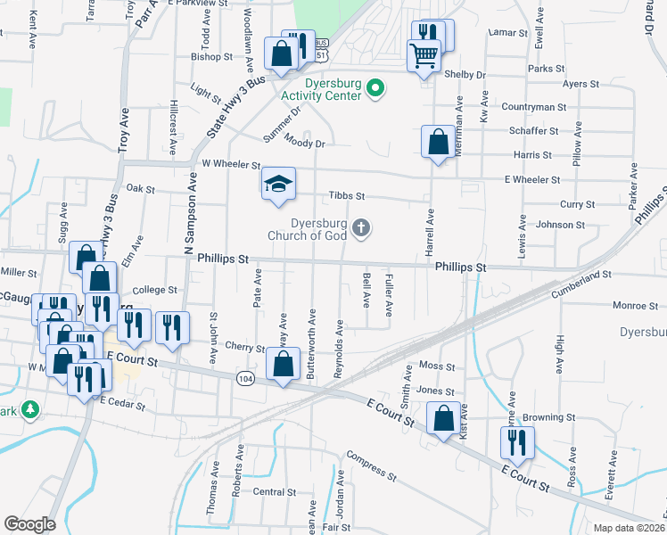 map of restaurants, bars, coffee shops, grocery stores, and more near 921 Phillips Street in Dyersburg