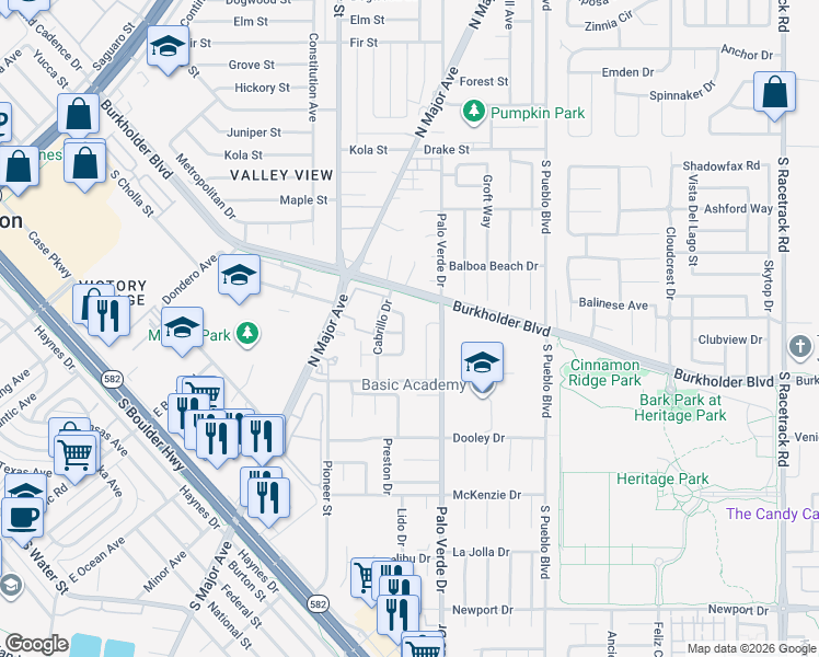 map of restaurants, bars, coffee shops, grocery stores, and more near 570 Brownlee Drive in Henderson