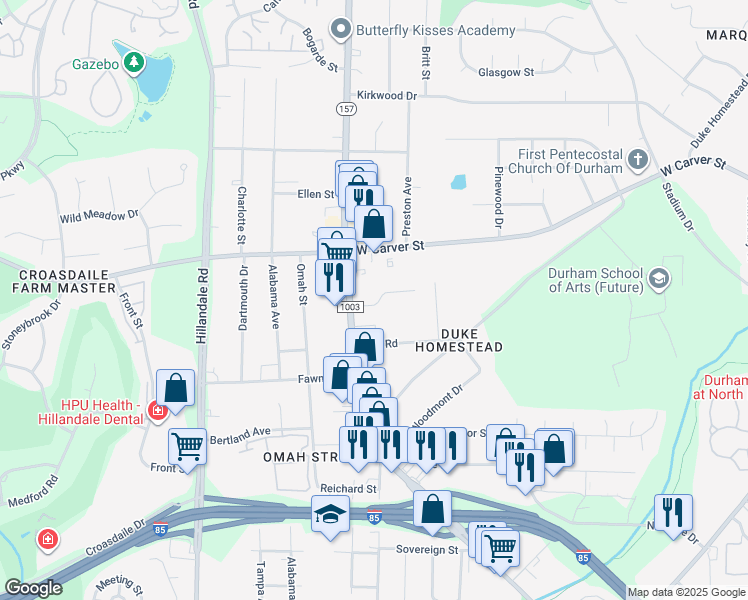 map of restaurants, bars, coffee shops, grocery stores, and more near 2632 Lombard Avenue in Durham