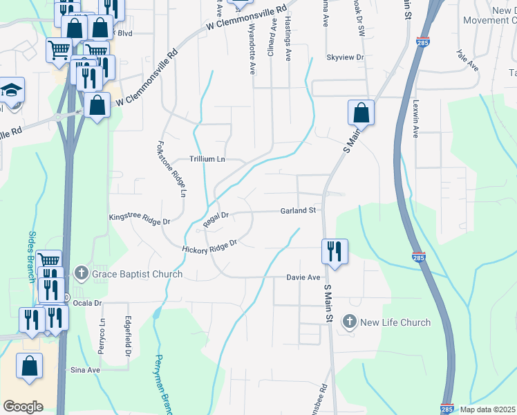 map of restaurants, bars, coffee shops, grocery stores, and more near 3216 Hickory Ridge Drive in Winston-Salem