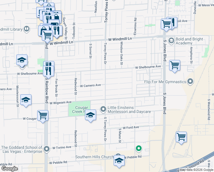 map of restaurants, bars, coffee shops, grocery stores, and more near 6495 West Camero Avenue in Las Vegas