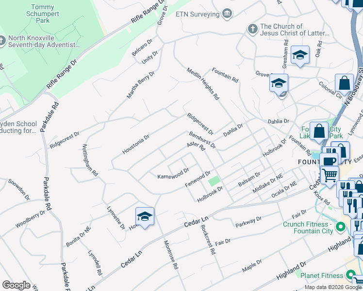 map of restaurants, bars, coffee shops, grocery stores, and more near 2211 Aster Road in Knoxville