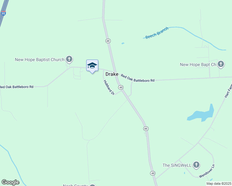 map of restaurants, bars, coffee shops, grocery stores, and more near Hubbard Drive in Nash County