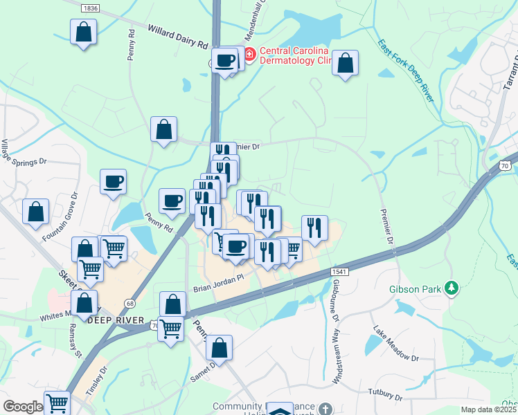 map of restaurants, bars, coffee shops, grocery stores, and more near 3912 Pallas Way in High Point