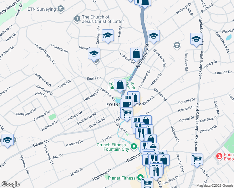 map of restaurants, bars, coffee shops, grocery stores, and more near 104 Hotel Road in Knoxville