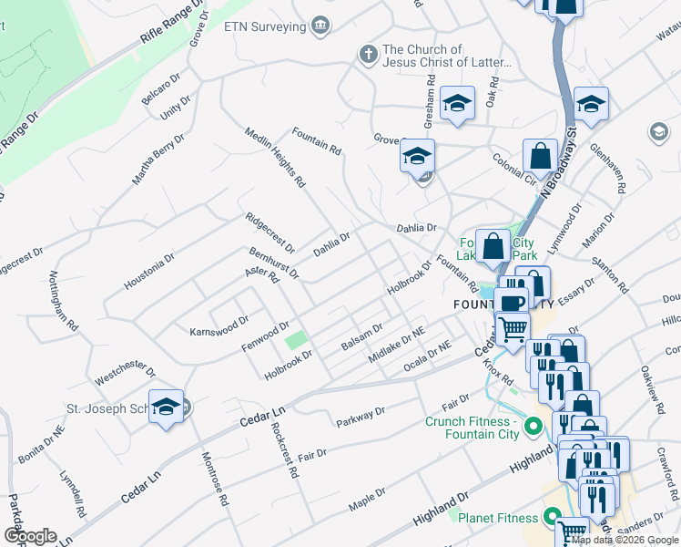 map of restaurants, bars, coffee shops, grocery stores, and more near 2506 Bernhurst Drive in Knoxville