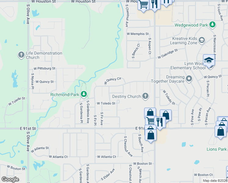 map of restaurants, bars, coffee shops, grocery stores, and more near 1605 South Elder Avenue in Broken Arrow