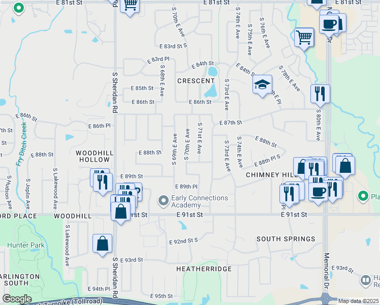 map of restaurants, bars, coffee shops, grocery stores, and more near 8817 South 70th East Avenue in Tulsa