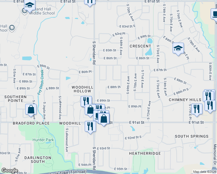 map of restaurants, bars, coffee shops, grocery stores, and more near 8809 South 66th East Avenue in Tulsa