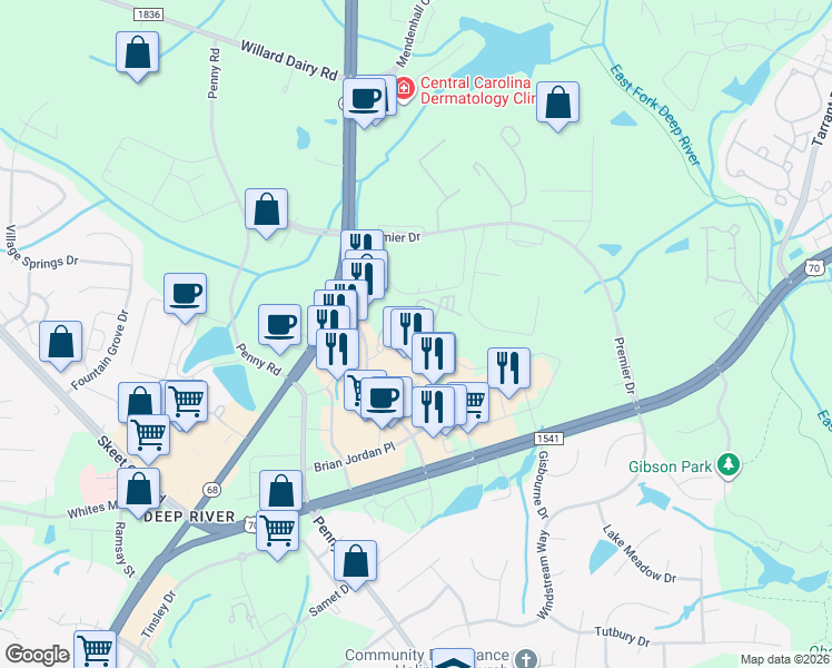 map of restaurants, bars, coffee shops, grocery stores, and more near 3912 Pallas Way in High Point