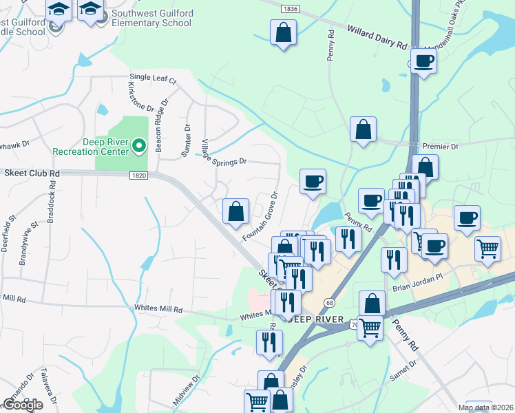 map of restaurants, bars, coffee shops, grocery stores, and more near 3927 Fountain Village Lane in High Point