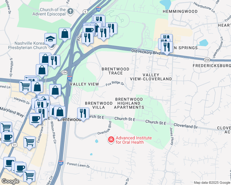 map of restaurants, bars, coffee shops, grocery stores, and more near 247 Plum Nelly Circle in Brentwood