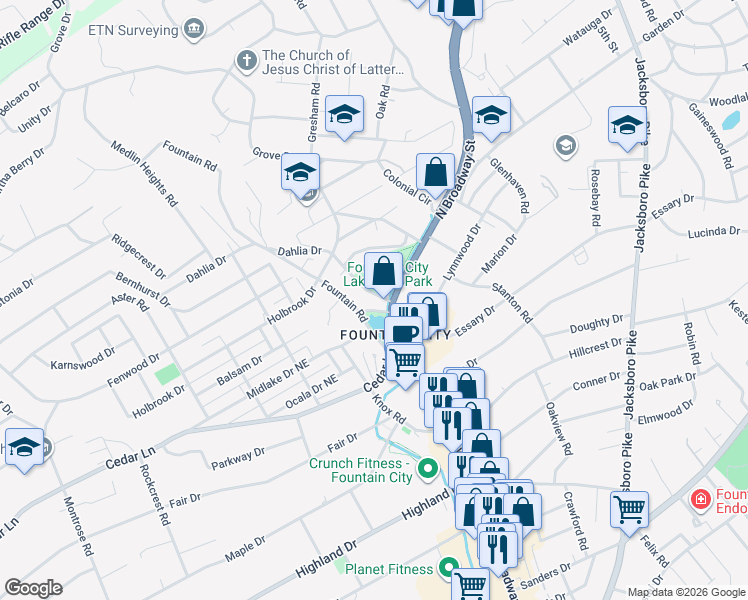 map of restaurants, bars, coffee shops, grocery stores, and more near 104 Hotel Road in Knoxville