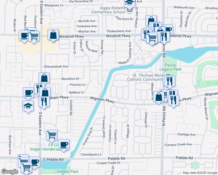 map of restaurants, bars, coffee shops, grocery stores, and more near 145 Coventry Drive in Henderson