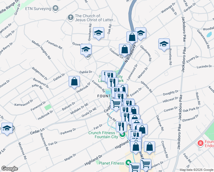 map of restaurants, bars, coffee shops, grocery stores, and more near 104 Hotel Road in Knoxville
