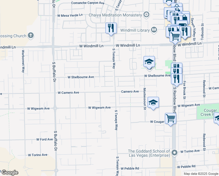 map of restaurants, bars, coffee shops, grocery stores, and more near 7354 West Camero Avenue in Las Vegas