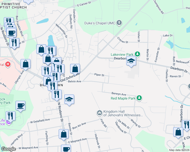 map of restaurants, bars, coffee shops, grocery stores, and more near 612 Piper Street in Durham