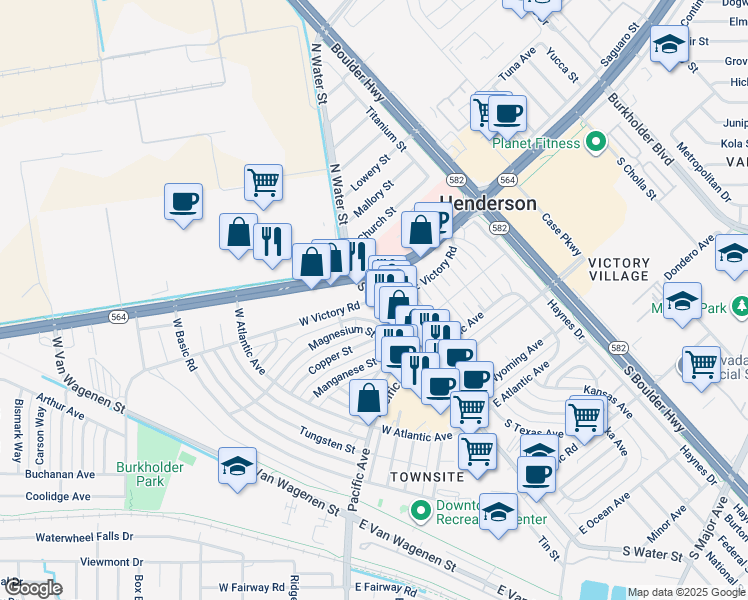 map of restaurants, bars, coffee shops, grocery stores, and more near 2 West Victory Road in Henderson