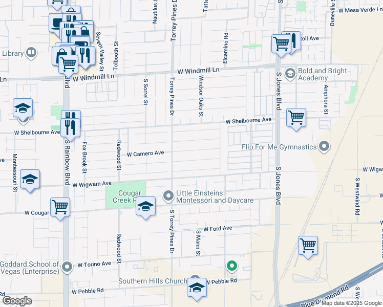 map of restaurants, bars, coffee shops, grocery stores, and more near 6423 West Camero Avenue in Las Vegas