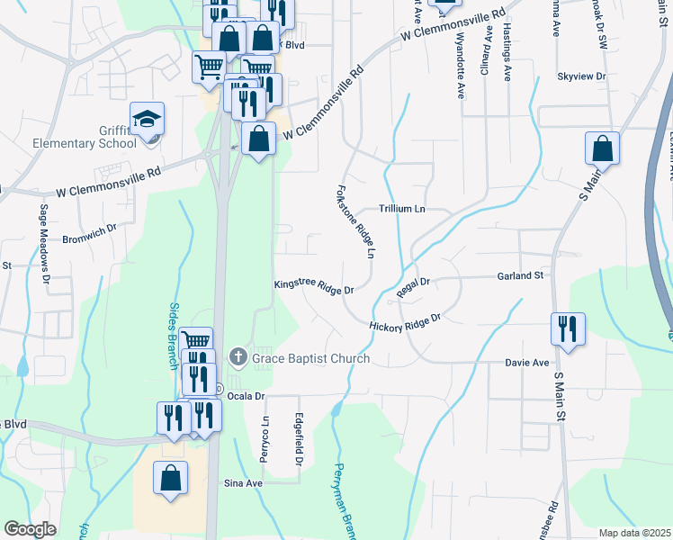 map of restaurants, bars, coffee shops, grocery stores, and more near 3112 Hickory Ridge Drive in Winston-Salem
